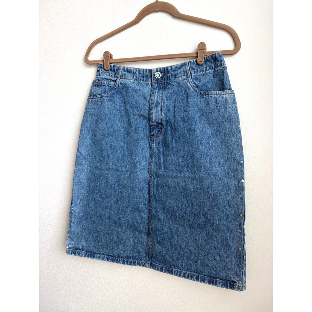 Vintage Y2K Faded Glory Medium Blue Denim Midi Skirt Studs Rhinestones